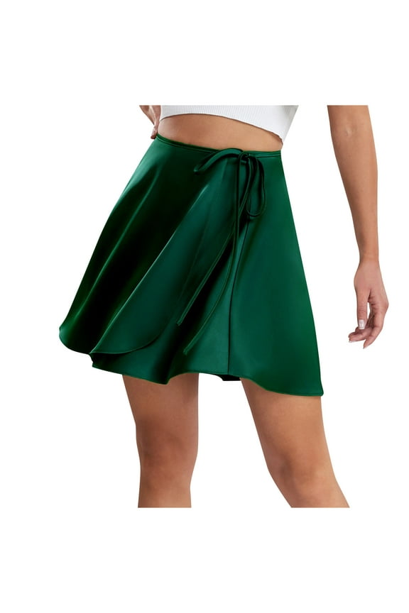Women Summer Wrap Skirt Casual High Waist Self Tie Skirts Stretchy Flared Trendy Comfy Flowy Tennis Skater Skirt