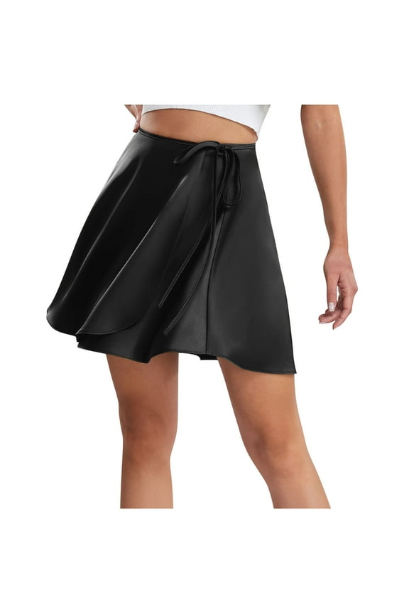 Women Summer Wrap Skirt Casual High Waist Self Tie Skirts Stretchy Flared Trendy Comfy Flowy Tennis Skater Skirt