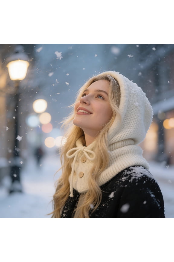 Women Two Buttons Wool Cashmere Knitted Balaclava Hat Hood Scarf Neck Warm Beanie Unisex