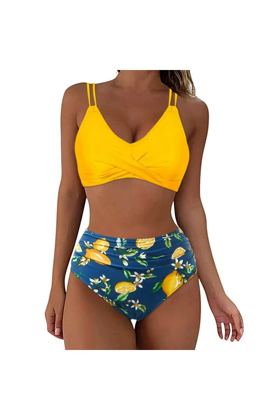 Women Two Piece Swimsuit Tummy Control Crisscross Tie Back Swim Suits Bathing Suit High Waisted Bikini Sets