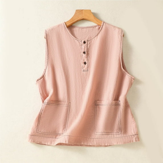Generic Women Vintage Cotton Linen Tank Tops Summer Button Up Sleeveless Henley Shirts Loose Casual Blouse with Pockets