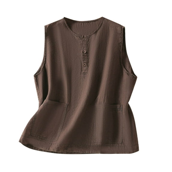 Generic Women Vintage Cotton Linen Tank Tops Summer Button Up Sleeveless Henley Shirts Loose Casual Blouse with Pockets