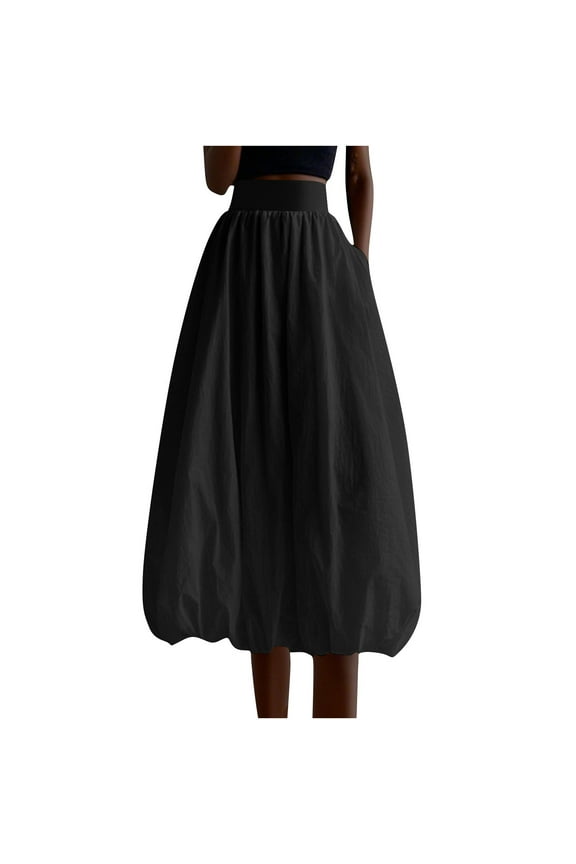 Women Y2K Bubble Maxi Skirt with Pockets, Elastic High Waisted Pleated Flowy A Line Long Puff Skirts Balloon Skirts