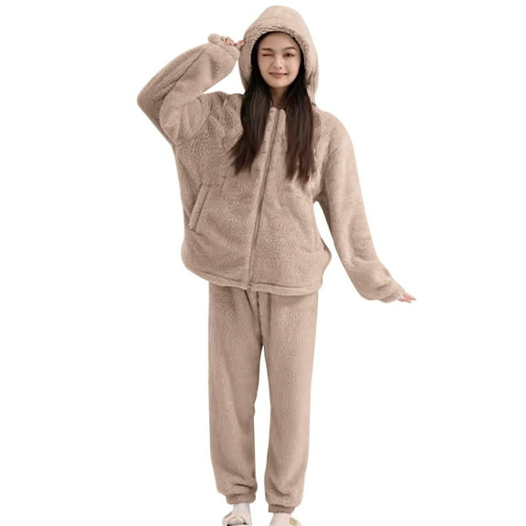 Generic Women's 2 Piece Fuzzy Pajamas Sets Zip Up Long Sleeve Hoodie Baggy Long Pant Solid Color Winter Sleepwear
