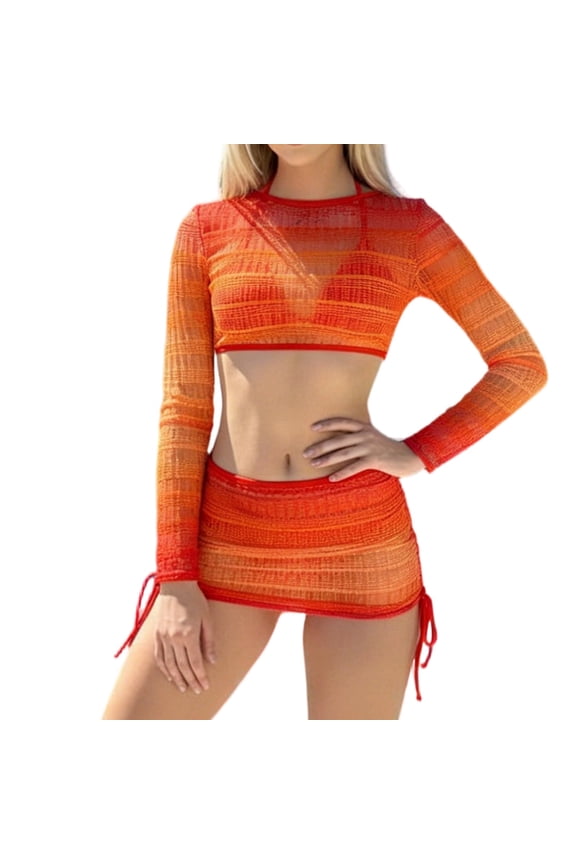 Women's 2 Piece Outfits Gradient Mesh Long Sleeve Crop Top and Mini Skirt Set Sheer See Through Beach Cover Up