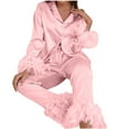 thumbnail image 1 of Generic Women's 2 Piece Satin Fuzzy Pajama Sets Button Up Long Sleeve Shirt with Long Pants, 1 of 7