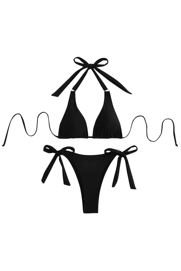 Women's 2 Piece Swimsuit Solid Color Sexy Halter Triangle Tie Side Bikini Set Swim Tops and Thongs