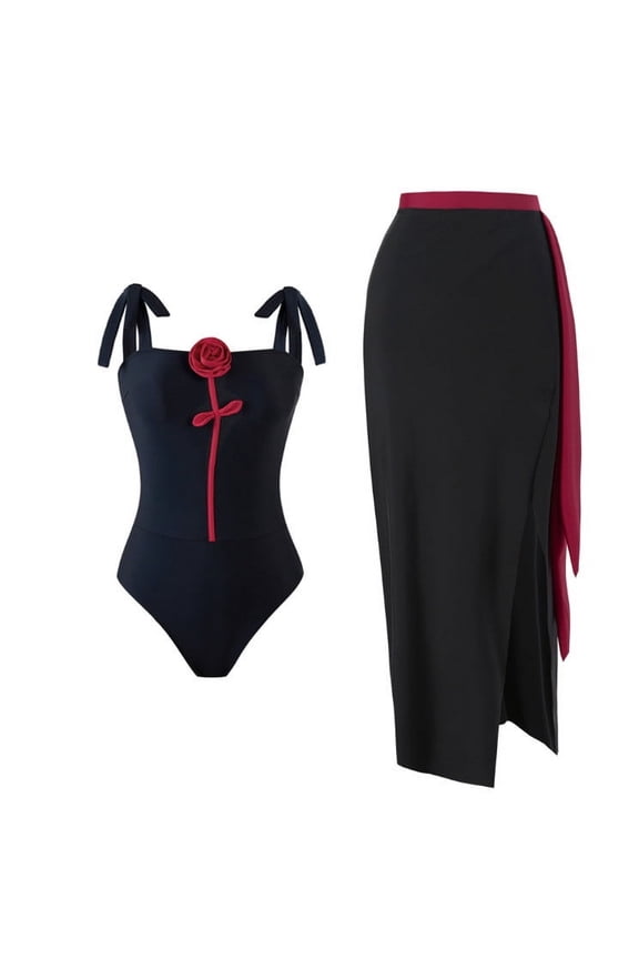 Women's 2 Piece Swimsuits Square Neck Figure Flattering Solid Color Bikini Set with 3D Rose Accents