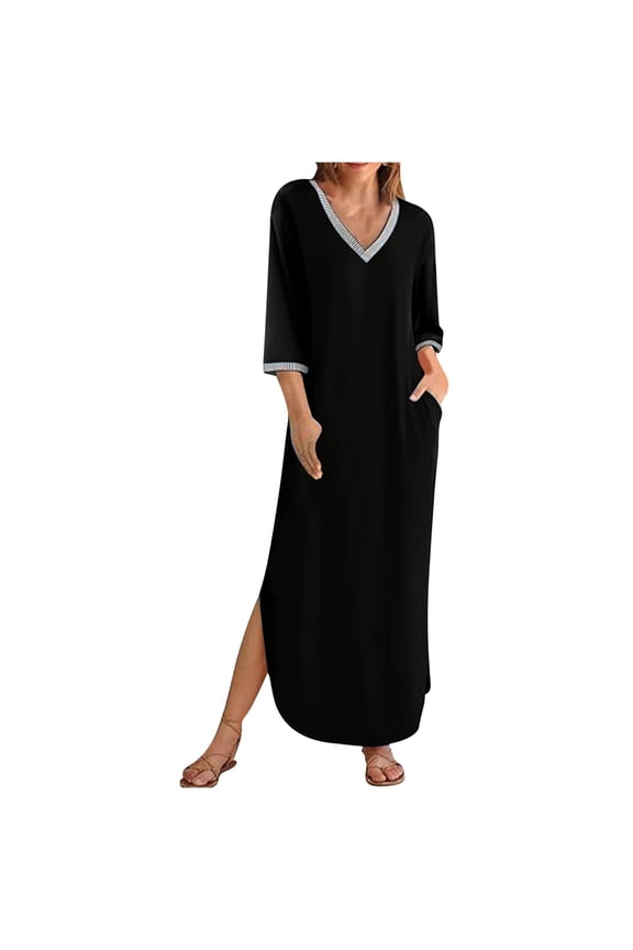 Women's 2025 Fall Long Sleeve Maxi Dress Casual V Neck Trendy Split Loose Solid Color Dresses with Pockets