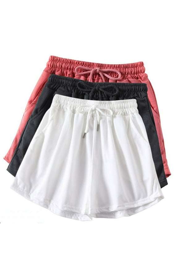 Women's 3 Pack Elastic Waist Drawstring Loose Wide Leg Beach Short Pants Athletic Lounge Shorts with Pockets