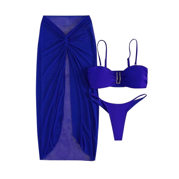 Generic Women's 3 Piece Bathing Suits Halter Ring V Wired Bikini Set with Twist Beach shorts and Cover Up Skirts