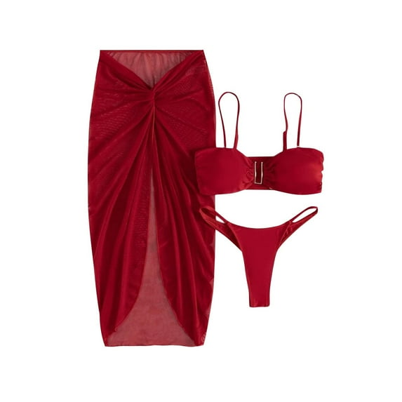 Generic Women's 3 Piece Bathing Suits Halter Ring V Wired Bikini Set with Twist Beach shorts and Cover Up Skirts