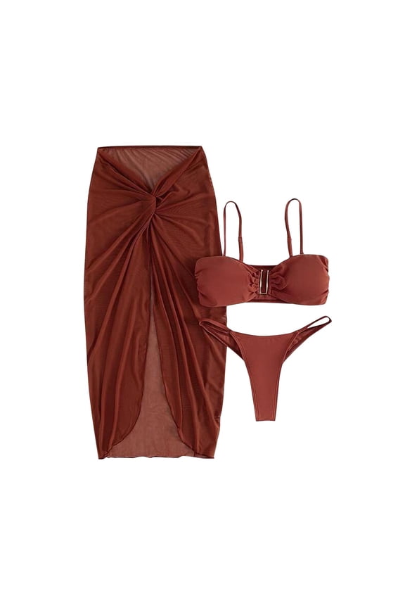 Women's 3 Piece Bathing Suits Halter Ring V Wired Bikini Set with Twist Beach shorts and Cover Up Skirts