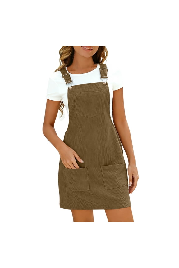 Women's Adjustable Strap Solid-Color Corduroy Bib Overall leeveless A Line Pinafore Mini Dress Skirt with Pocket