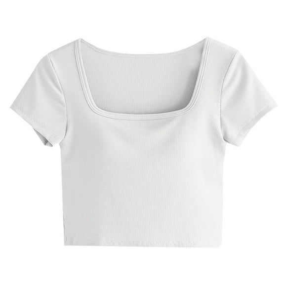 Generic Women's Basic Crop Tops Stretchy Casual Square Neck Cap Sleeve Shirt