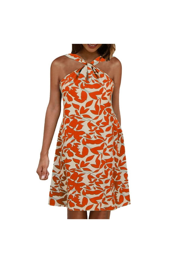Women's Beach Dresses Sleeveless Twist Front Halter Short Dress Summer Graphic Print A Line Loose Swing Dresses
