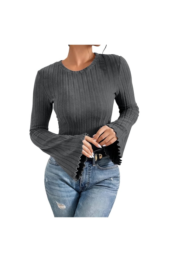 Women's Bell Sleeve Crop Tops Dressy Casual Crewneck Lettuce Trim Ribbed Fitted Shirts Going Out Knit Pullover Tops