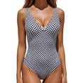 thumbnail image 1 of Generic Women's Black White Check One Piece Swimsuit V Neck Shell Decor High Cut Bathing Suit Beach Bikini Set, 1 of 4