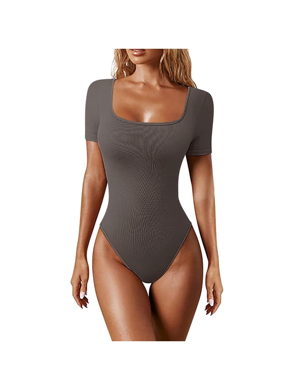 Women's Bodysuits Sexy Ribbed One Piece Square Neck Short Sleeve Bodysuits