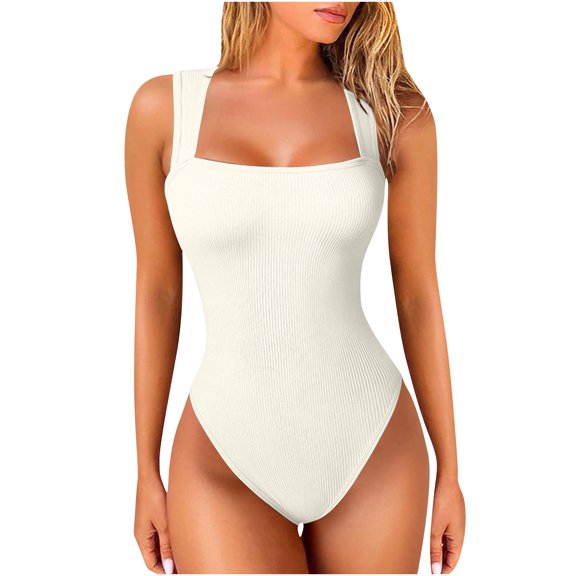 Generic Women's Bodysuits Sexy Ribbed Strappy Square Neck Sleeveless Tummy Control Tank Tops Bodysuits