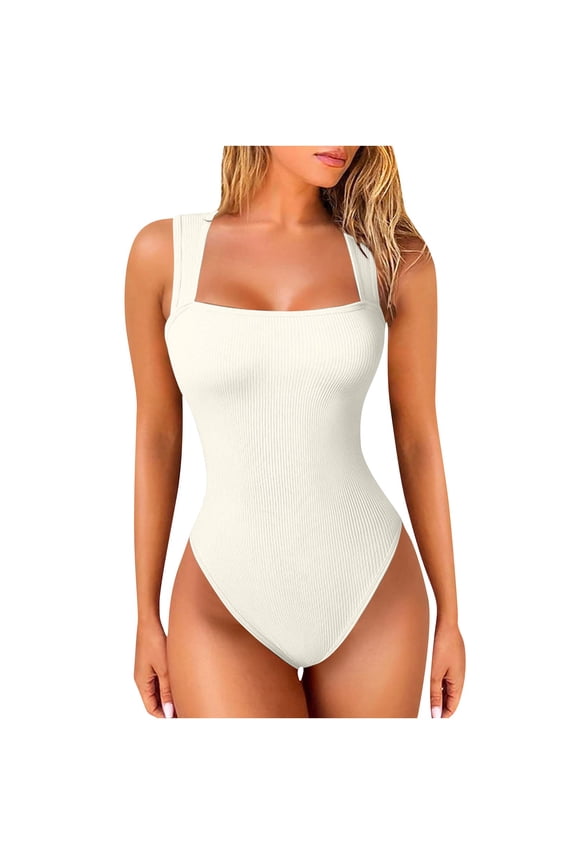 Women's Bodysuits Sexy Ribbed Strappy Square Neck Sleeveless Tummy Control Tank Tops Bodysuits