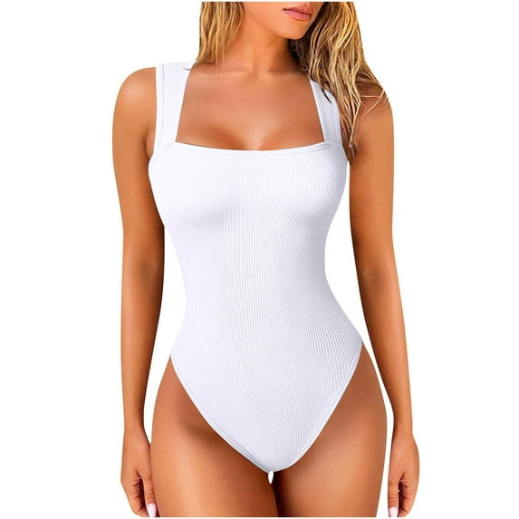 Generic Women's Bodysuits Sexy Ribbed Strappy Square Neck Sleeveless Tummy Control Tank Tops Bodysuits