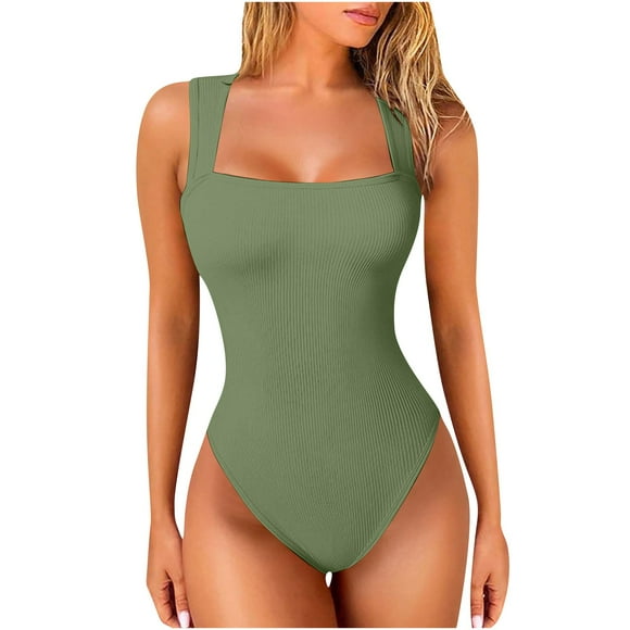 Women's Bodysuits Sexy Ribbed Strappy Square Neck Sleeveless Tummy Control Tank Tops Bodysuits