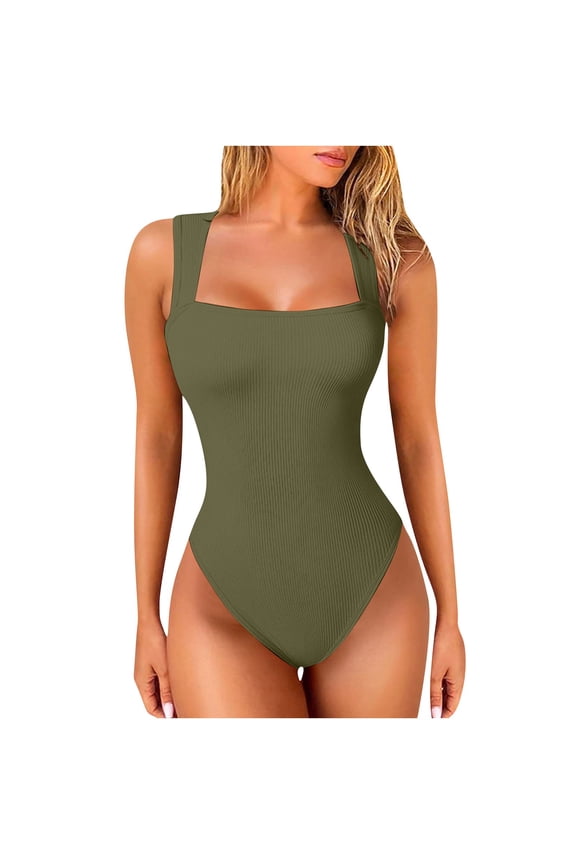 Women's Bodysuits Sexy Ribbed Strappy Square Neck Sleeveless Tummy Control Tank Tops Bodysuits