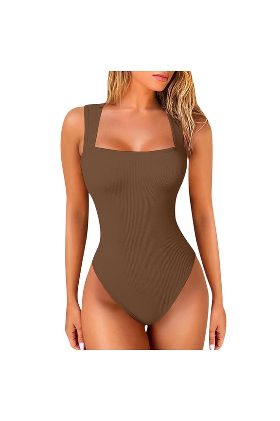 Women's Bodysuits Sexy Ribbed Strappy Square Neck Sleeveless Tummy Control Tank Tops Bodysuits