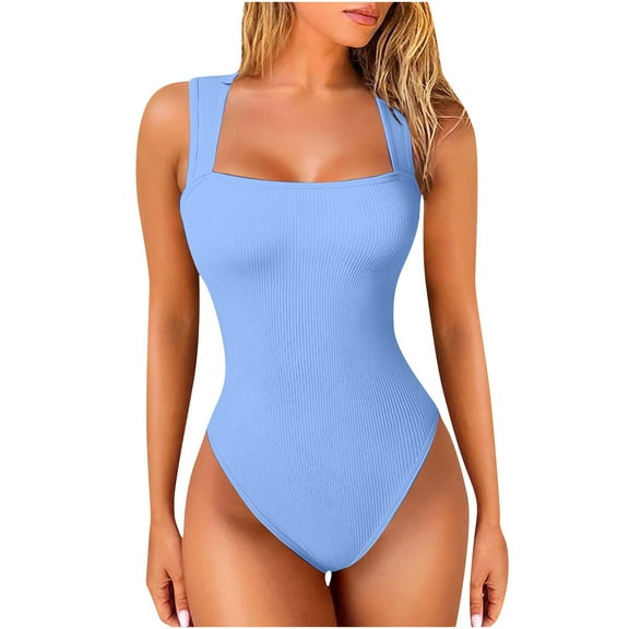Generic Women's Bodysuits Sexy Ribbed Strappy Square Neck Sleeveless Tummy Control Tank Tops Bodysuits