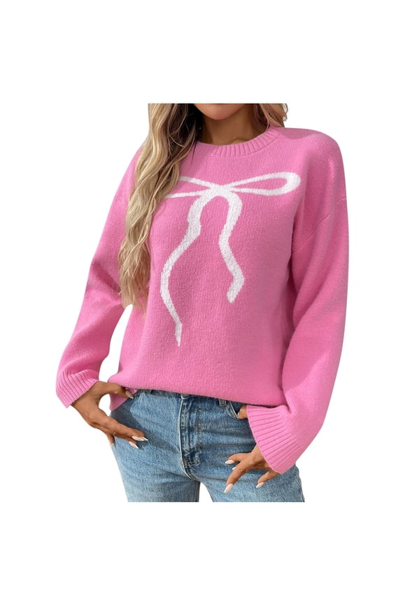 Women's Bow Print Drop Shoulder Long Sleeve Sweater Crew Neck Knit Fall Tops