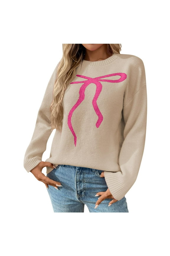 Women's Bow Print Drop Shoulder Long Sleeve Sweater Crew Neck Knit Fall Tops