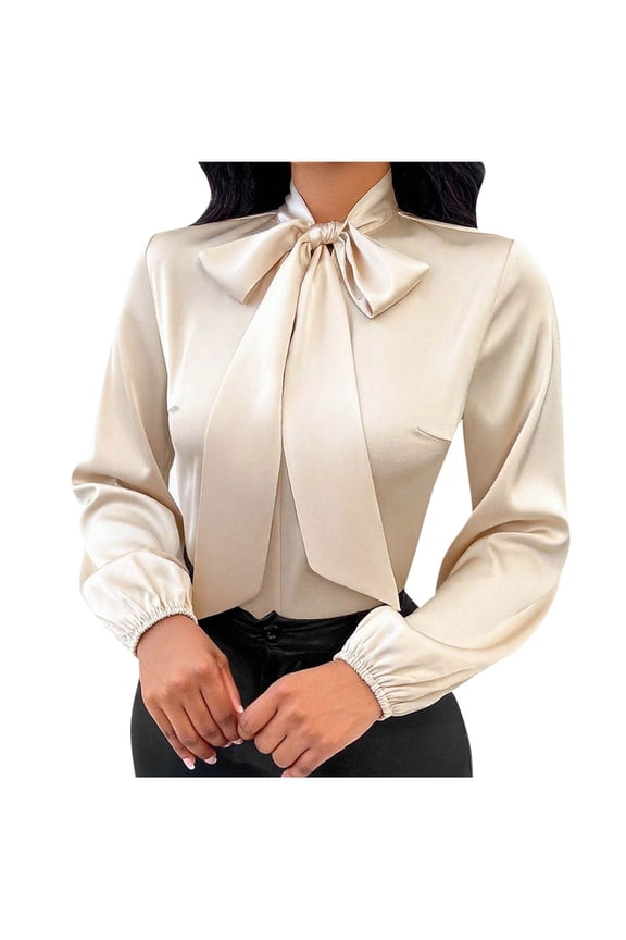 Women's Bow Tie Front Smocked Long Sleeve Blouse Elegant Office Shirt Top Formal Business Dressy Lightweight Shirts