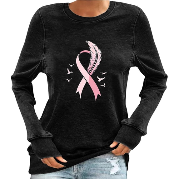 Generic Women's Breast Cancer Long Sleeve T-Shirts, Funny Pink Ribbon Graphic Awareness Crewneck Tops Going Out Casual Tees