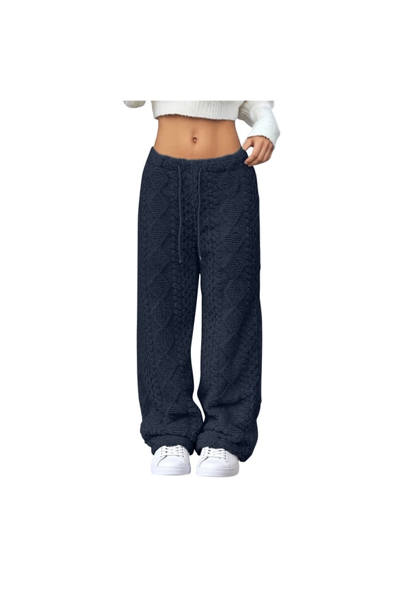 Women's Cable Knit Long Pants Casual Drawstring Solid Color Wide Leg Pants Fleece Winter Warm Pajamas Pants
