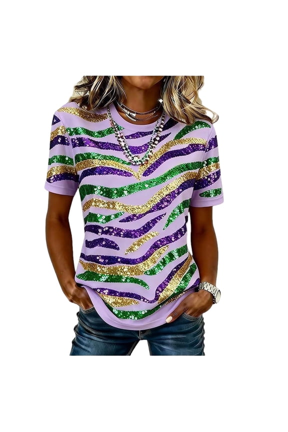 Women's Casual Carnival Tiger Print T-Shirt Funny Fashion Mardi Mardi-Gras Tiger Stripe Sequin Shirt