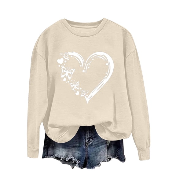 Generic Women's Casual Heart Printed Drop Shoulder Tops Round Neck Long Sleeve Sweatshirt