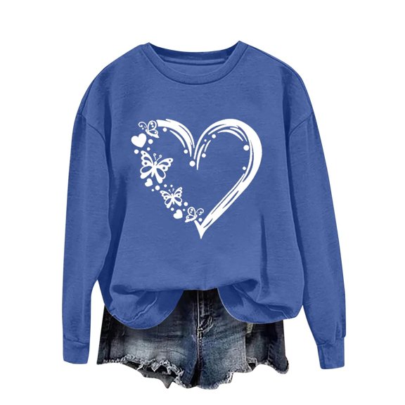 Generic Women's Casual Heart Printed Drop Shoulder Tops Round Neck Long Sleeve Sweatshirt