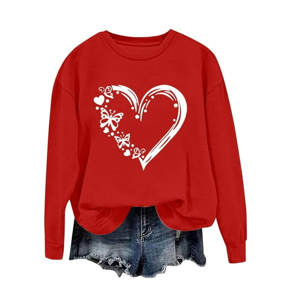 Generic Women's Casual Heart Printed Drop Shoulder Tops Round Neck Long Sleeve Sweatshirt