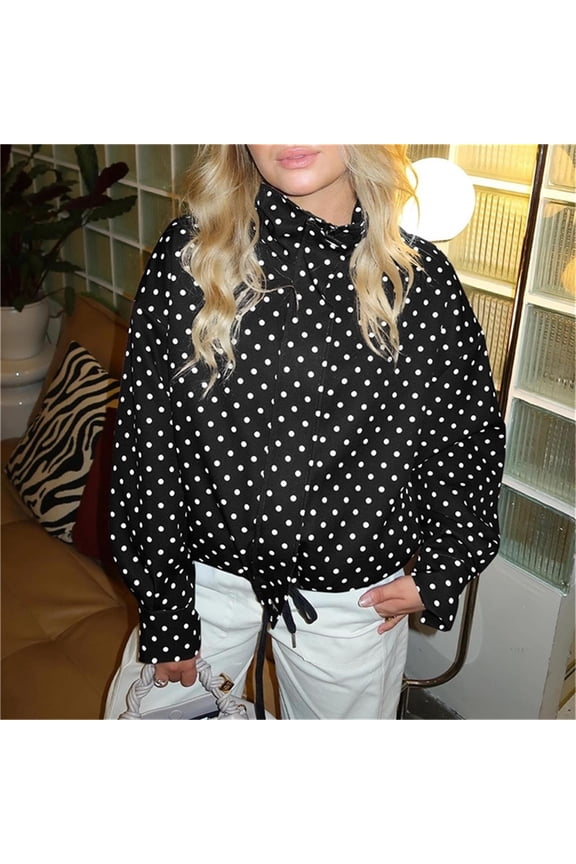 Women's Casual Jackets Polka Dot Stand Collar Jackets Drawstring Hem Cropped Zip Up Coats Fall Winter Outerwear