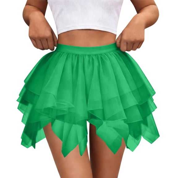 Generic Women's Casual Mesh Layered Skirts High Low Layered Puffy Fairy Party Costume Elastic High Waist Flowy Skirt