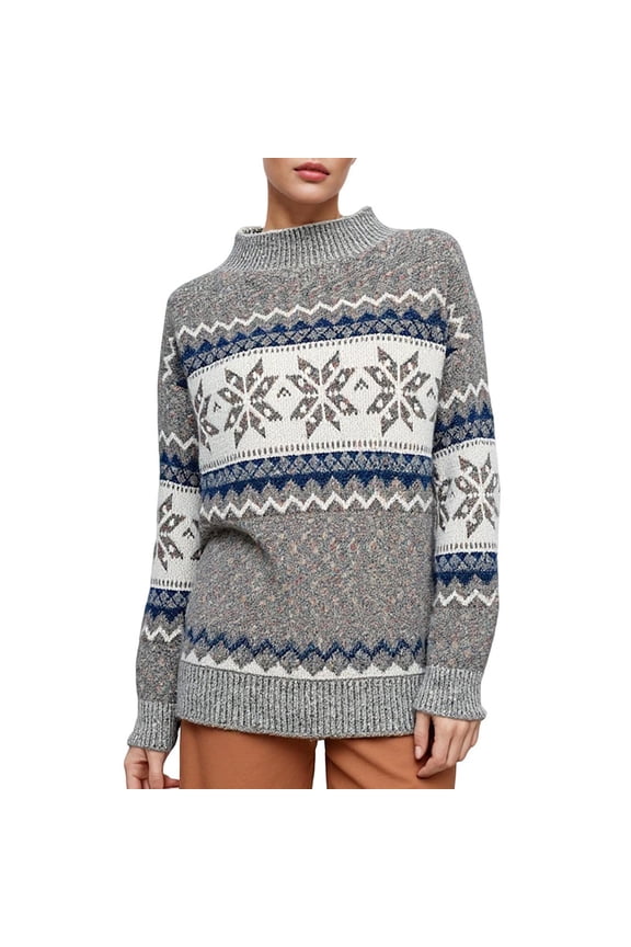 Women's Casual Snowflake Print Knitted Pullover Sweaters Long Sleeve Turtleneck Fall Winter Pullover Holiday Sweaters