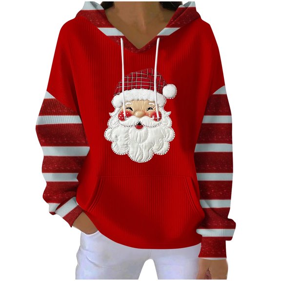 Generic Women’s Christmas Hooded Sweatshirt Print Striped Long Sleeves Fall Winter Pullover Casual Loose Top with Pocket