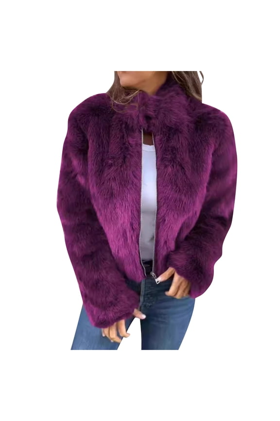 Women's Collared Faux Fur Jacket Cropped Winter Zipper Long Sleeve Fluffy Short Coat