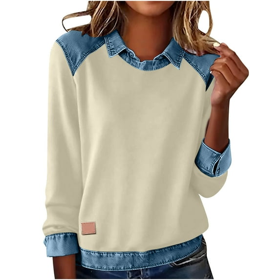 Generic Women's Color Block Oversized Sweaters Long Sleeve Turtleneck Button Down Denim Polo Pullover Tunic Sweaters