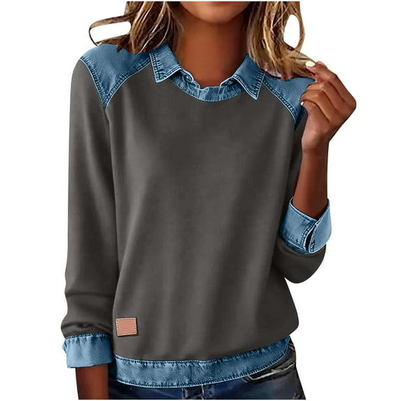 Generic Women's Color Block Oversized Sweaters Long Sleeve Turtleneck Button Down Denim Polo Pullover Tunic Sweaters