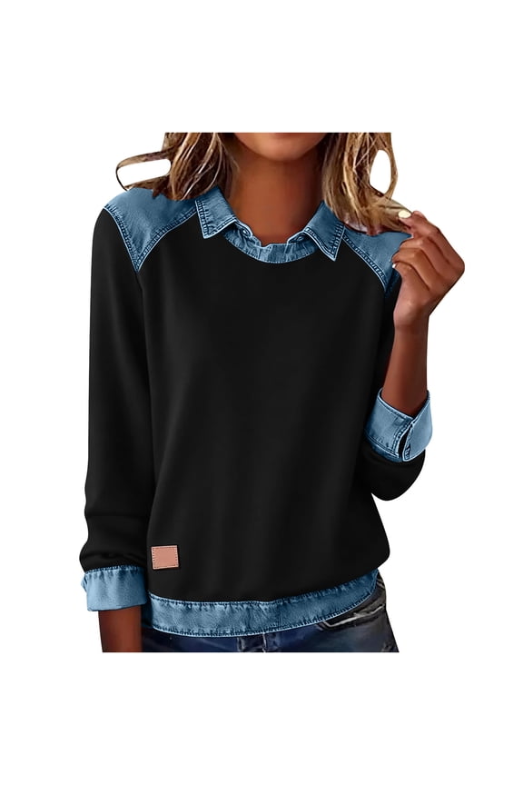 Women's Color Block Oversized Sweaters Long Sleeve Turtleneck Button Down Denim Polo Pullover Tunic Sweaters