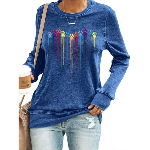 Generic Women's Colorful Dog Heart Paw Print Sweatshirt Casual Long Sleeve Cute Graphic Tees Tops Crewneck Shirts