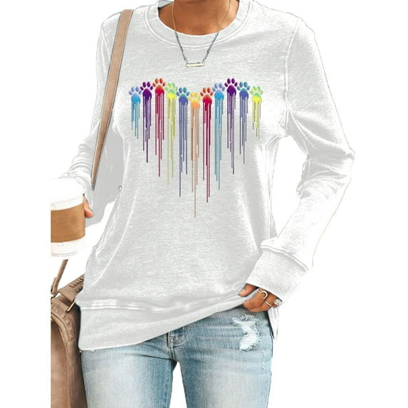 Generic Women's Colorful Dog Heart Paw Print Sweatshirt Casual Long Sleeve Cute Graphic Tees Tops Crewneck Shirts