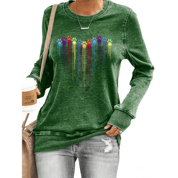 Generic Women's Colorful Dog Heart Paw Print Sweatshirt Casual Long Sleeve Cute Graphic Tees Tops Crewneck Shirts